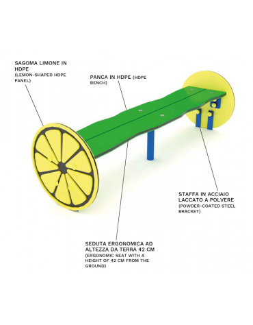 Panchina per bambini senza schienale, con sagome Limoni - realizzata in HDPE - Seduta ergonomica - cm 114x34x34h