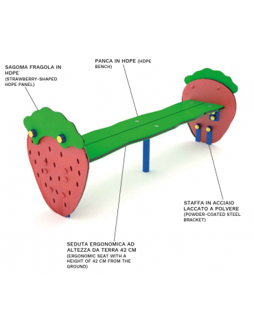 Panchina per bambini senza schienale, con sagoma Fragola - realizzata in HDPE - Seduta ergonomica - cm 120x35x45h