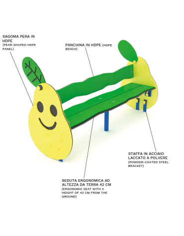 Panchina per bambini con schienale, sagoma Pera - realizzata in HDPE - Seduta ergonomica - cm 118x40x63h