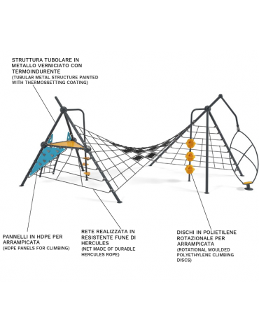 Percorso avventura con ponte in rete e arrampicata - Pannelli in HDPE - Dimensioni cm 713x689x330h