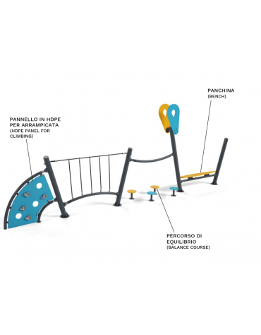 Percorso Multifunzione per bambini - con panchina senza schienale - Pannelli in HDPE - cm 80x650x245h