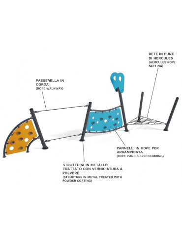 Percorso Multifunzione per bambini - con passerella in corda - Pannelli in HDPE - cm 213x695x250h