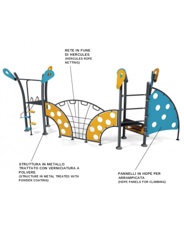 Percorso Multifunzione per bambini - con rete in fune di Hercules - Pannelli in HDPE - cm 620x775x333h