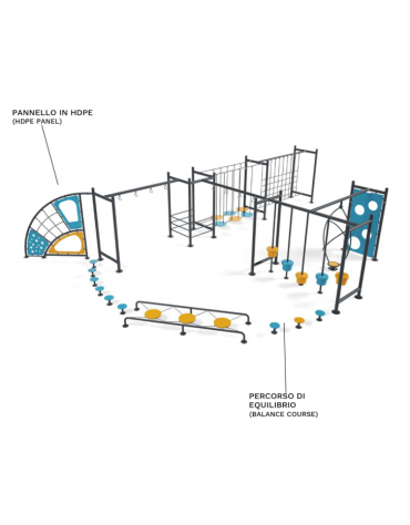 Percorso Multifunzione per bambini - con percorsi di equilibrio - Pannelli in HDPE per arrampicata - cm 1230x1000x250h