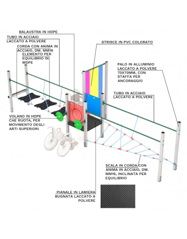 Percorso equilibrio inclusivo per bambini con struttura in alluminio - dimensioni cm 223x630x200h