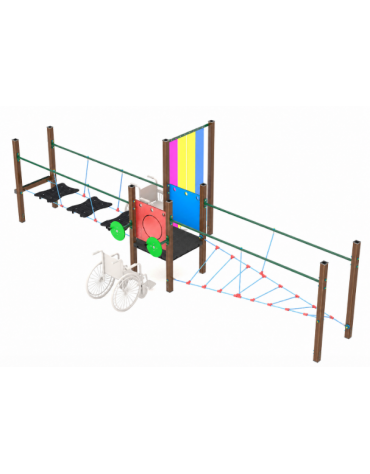 Percorso equilibrio inclusivo per bambini con struttura in alluminio rifinito in legno light - dimensioni cm 223x630x200h