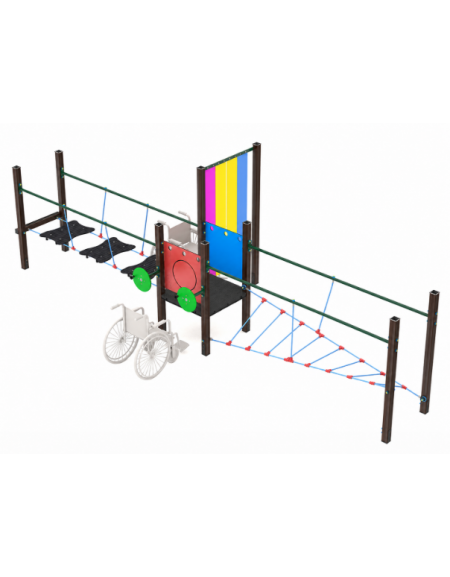 Percorso equilibrio inclusivo per bambini con struttura in alluminio rifinito in legno dark - dimensioni cm 223x630x200h