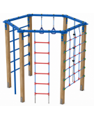 Palestra esagonale multifunzione con pali in legno termotrattato, 1 scala rete, 1 fune di corda e pertica - cm 250x221x200h