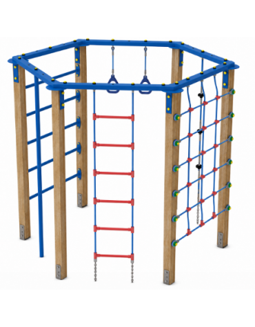 Palestra esagonale multifunzione con pali in legno termotrattato, 1 scala rete, 1 fune di corda e pertica - cm 250x221x200h