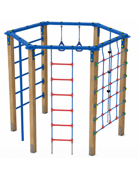 Palestra esagonale multifunzione con pali in legno termotrattato, 1 scala rete, 1 fune di corda e pertica - cm 250x221x200h