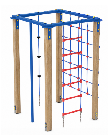 Palestra quadrata multifunzione con pali in legno termotrattato, 1 rete, 1 scala, 1 fune di risalita e 1 pertica