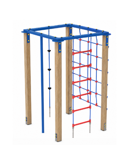 Palestra quadrata multifunzione con pali in legno termotrattato, 1 rete, 1 scala, 1 fune di risalita e 1 pertica