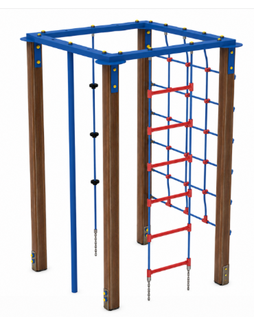 Palestra quadrata multifunzione con pali in alluminio rifinito in legno light, 1 rete, 1 scala, 1 fune di risalita e 1 pertica