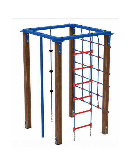 Palestra quadrata multifunzione con pali in alluminio rifinito in legno light, 1 rete, 1 scala, 1 fune di risalita e 1 pertica