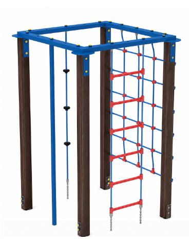 Palestra quadrata multifunzione con pali in alluminio rifinito in legno dark, 1 rete, 1 scala, 1 fune di risalita e 1 pertica - 