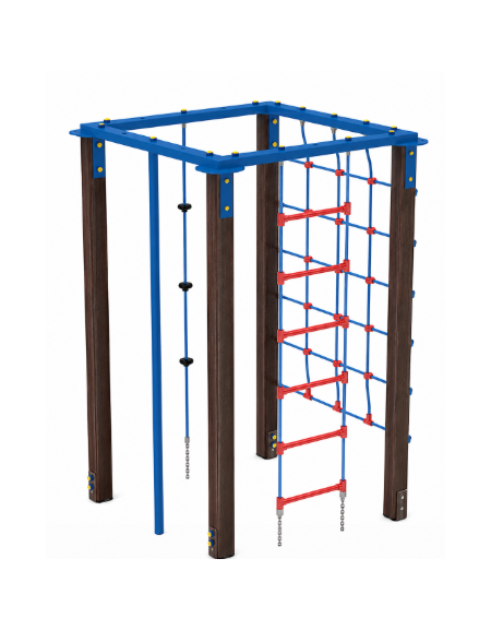 Palestra quadrata multifunzione con pali in alluminio rifinito in legno dark, 1 rete, 1 scala, 1 fune di risalita e 1 pertica - 