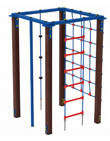 Palestra quadrata multifunzione con pali in plastica riciclata, 1 rete, 1 scala, 1 fune di risalita e 1 pertica - cm 133x133x200