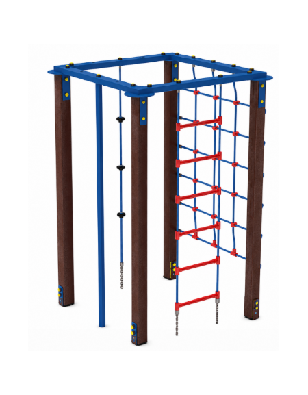 Palestra quadrata multifunzione con pali in plastica riciclata, 1 rete, 1 scala, 1 fune di risalita e 1 pertica- cm 133x133x200h