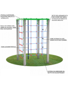 Palestra quadrata multifunzione con pali in plastica riciclata, 1 rete, 1 scala, 1 fune di risalita e 1 pertica- cm 133x133x200h