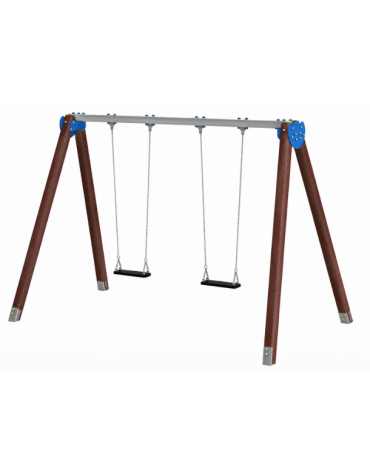 Altalena due posti con 2 seggiolini a tavoletta - pali in alluminio rifinito in legno dark - cm 376x227x253h