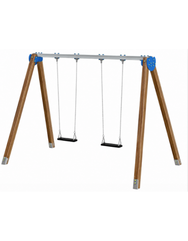 Altalena due posti con 2 seggiolini a tavoletta - pali in alluminio rifinito in legno light - cm 376x227x253h