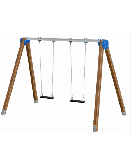 Altalena due posti con 2 seggiolini a tavoletta - pali in alluminio rifinito in legno light - cm 376x227x253h