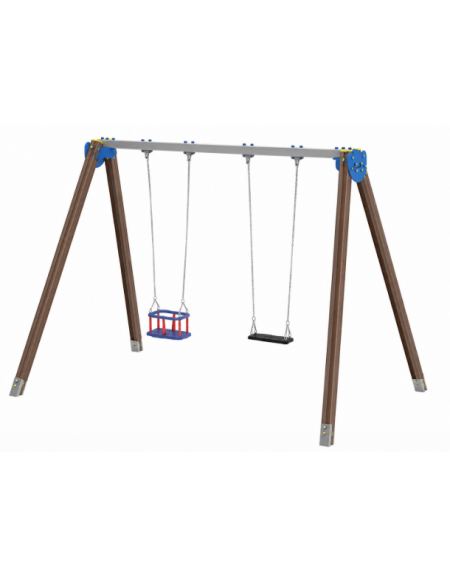 Altalena struttura in alluminio rifinito in legno light - con 1 seggiolino a cestello e 1 a tavoletta - cm 376x227x255h