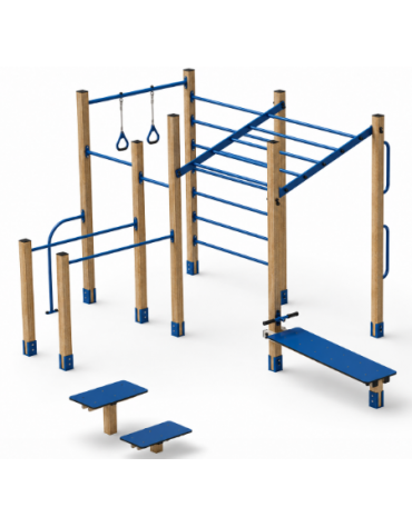Palestra Workout base, struttura in legno termotrattato e tubi in acciaio, con panca addominali e step - cm 684x469x241h