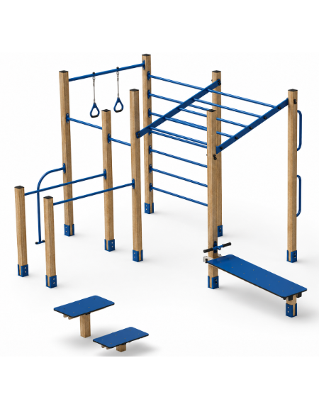 Palestra Workout base, struttura in legno termotrattato e tubi in acciaio, con panca addominali e step - cm 684x469x241h