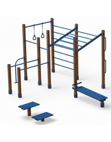 Palestra Workout base, struttura in alluminio rifinito in legno light, con panca addominali e step - cm 684x469x241h