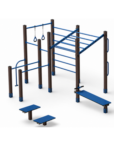 Palestra Workout base, struttura in alluminio rifinito in legno dark con panca addominali e step - cm 684x469x241h