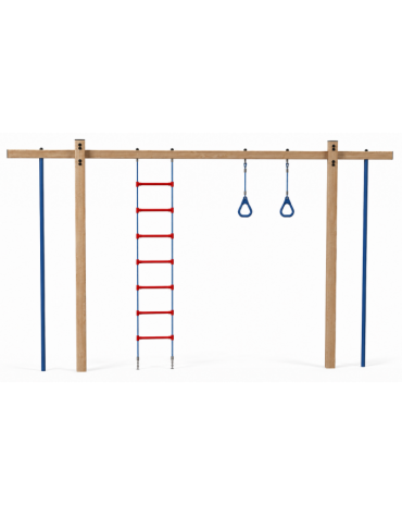 Struttura con anelli, scala e corda con pali in legno termotrattato e tubi in acciaio - cm 455x21x262h