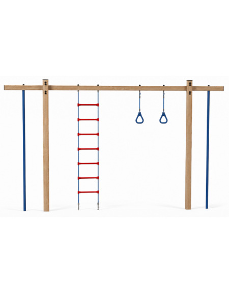 Struttura con anelli, scala e corda con pali in legno termotrattato e tubi in acciaio - cm 455x21x262h