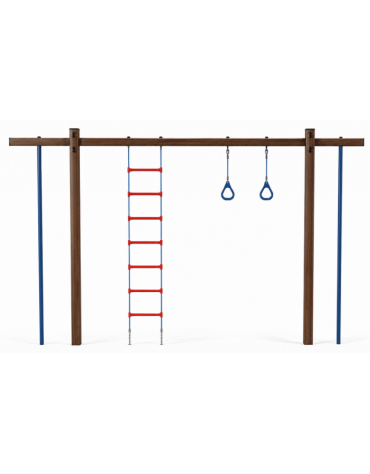 Struttura con anelli, scala e corda con pali in alluminio rifinito in legno light e tubi in acciaio - cm 454x21x262h