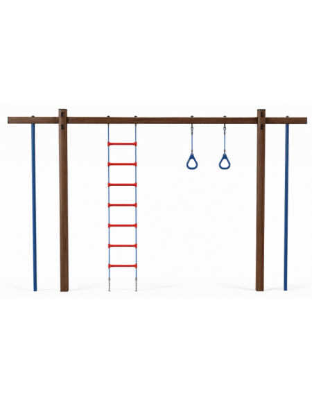 Struttura con anelli, scala e corda con pali in alluminio rifinito in legno light e tubi in acciaio - cm 454x21x262h