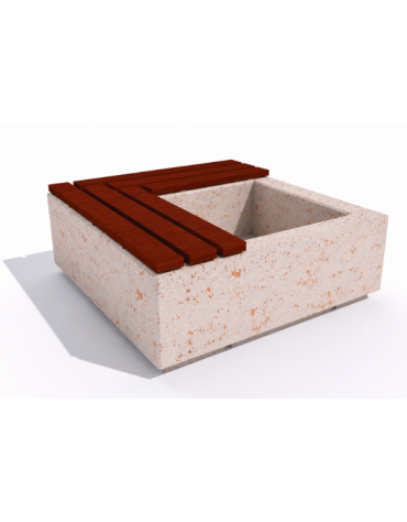 Panchina in cemento quadrata con fioriera cm 80x80, colore Bianco travertino - seduta in legno - cm 140x140x45h - Conforme CAM