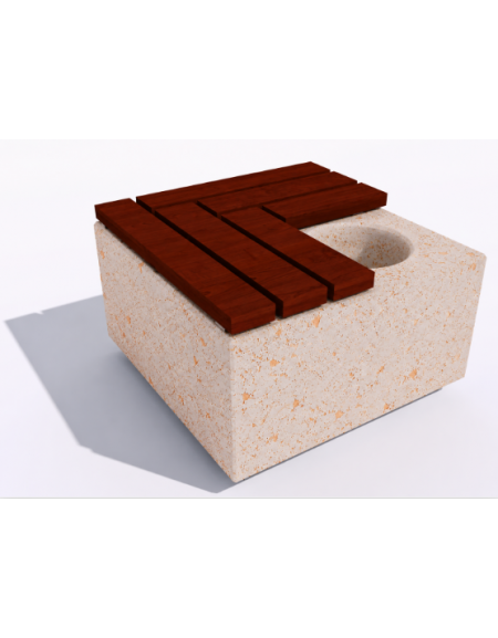 Panchina in cemento quadrata con fioriera cm Ø 30, colore Bianco travertino - seduta in legno - cm 80x80x45h - Conforme ai CAM