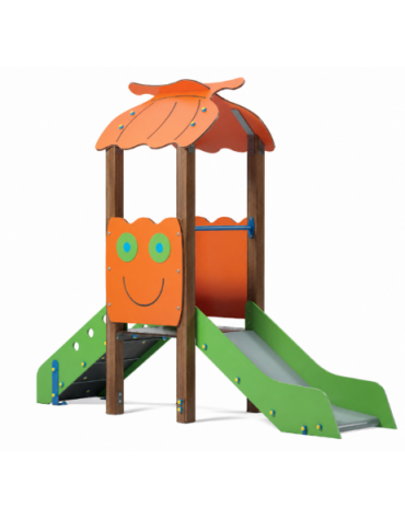 Mini torre singola con tetto, struttura in alluminio rifinito in legno light, scivolo dritto in acciaio - cm 91x279x232h