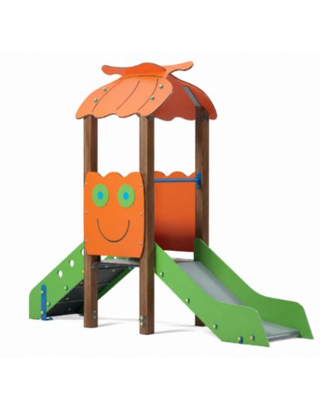 Mini torre singola con tetto, struttura in alluminio rifinito in legno light, scivolo dritto in acciaio - cm 91x279x232h