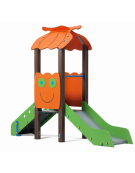 Mini torre singola con tetto, struttura in alluminio rifinito in legno dark, scivolo dritto in acciaio - cm 91x279x232h