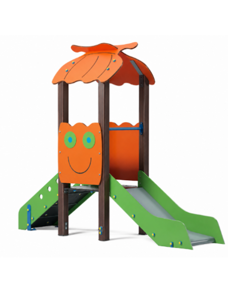 Mini torre singola con tetto, struttura in alluminio rifinito in legno dark, scivolo dritto in acciaio - cm 91x279x232h