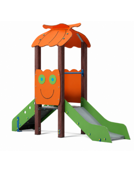 Mini torre singola con tetto, struttura in plastica riciclata, scivolo dritto in acciaio - cm 91x279x232h
