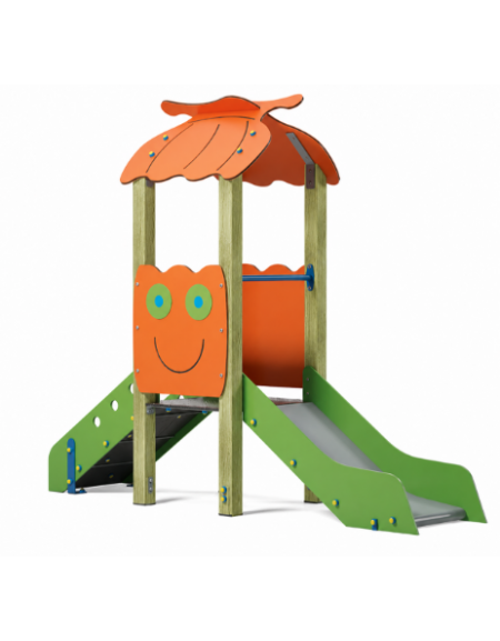 Mini torre singola con tetto, struttura in legno di pino, scivolo dritto in acciaio - cm 91x279x232h