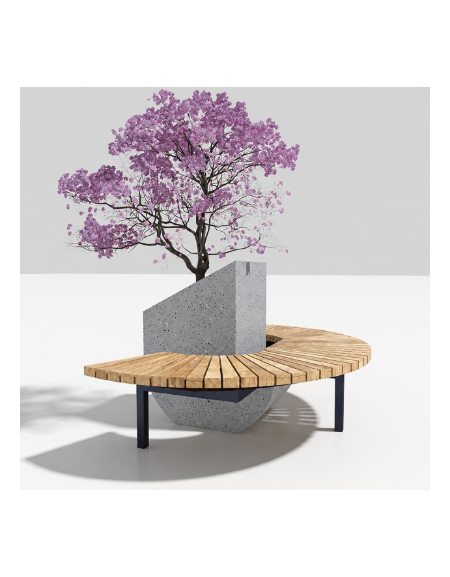 Panchina con seduta curva in legno e acciaio - fioriera centrale in cemento colore Grigio pietra - cm 170x115x90h - CAM