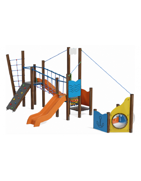 Gioco veliero per parco giochi, struttura in alluminio rifinito in legno light - cm 445x774x301h