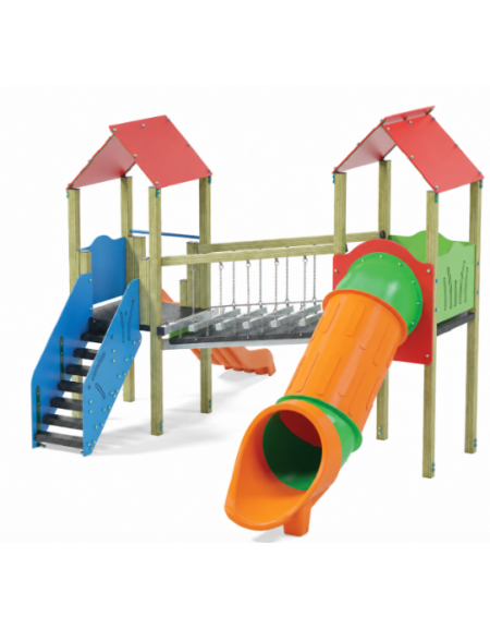 Mini villaggio, 2 torri con pali in legno di pino nordico - 2 scivoli di cui 1 a tunnel - cm 443x645x360h