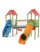 Mini villaggio, 2 torri con pali in legno di pino nordico - 2 scivoli di cui 1 a tunnel - cm 443x645x360h