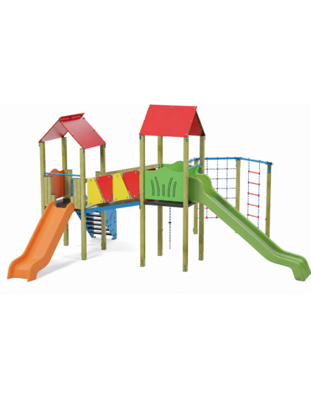 Mini villaggio con palestra, 2 torri, pali in legno di pino nordico e 2 scivoli - 1 palestrina - cm 629x622x360h
