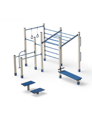 Palestra Workout base, struttura in legno di pino nordico e tubi in acciaio, con panca addominali e step - cm 684x469x241h