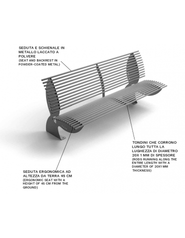 Panchina con schienale e seduta ergonomica, realizzata interamente in Metallo - Dimensioni cm 150x93x90h